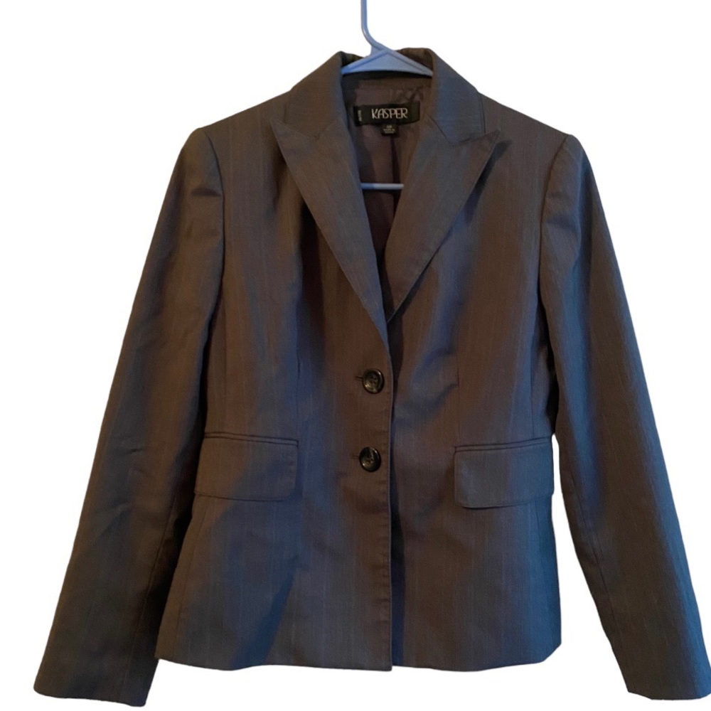 Kasper Suit Blazer Gray With Blue Stripes Fully Lined Two Buttons Size 4